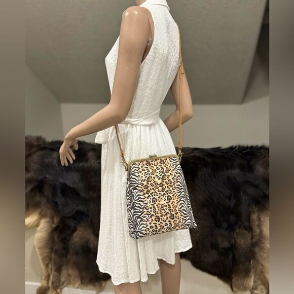 Handmade Genuine Embossed Leather Leopard Print, Metal Frame Handbag/Crossbody - Picture 4 of 14